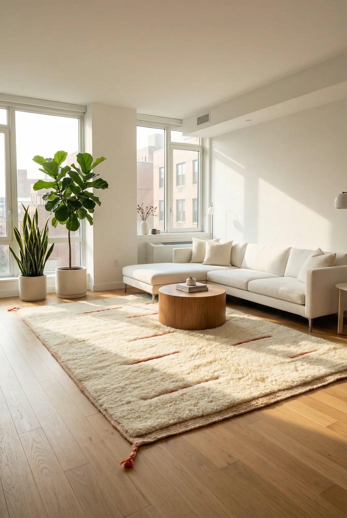 Beni Ourain wool rug, cream ground with short red horizontal lines, product view 4