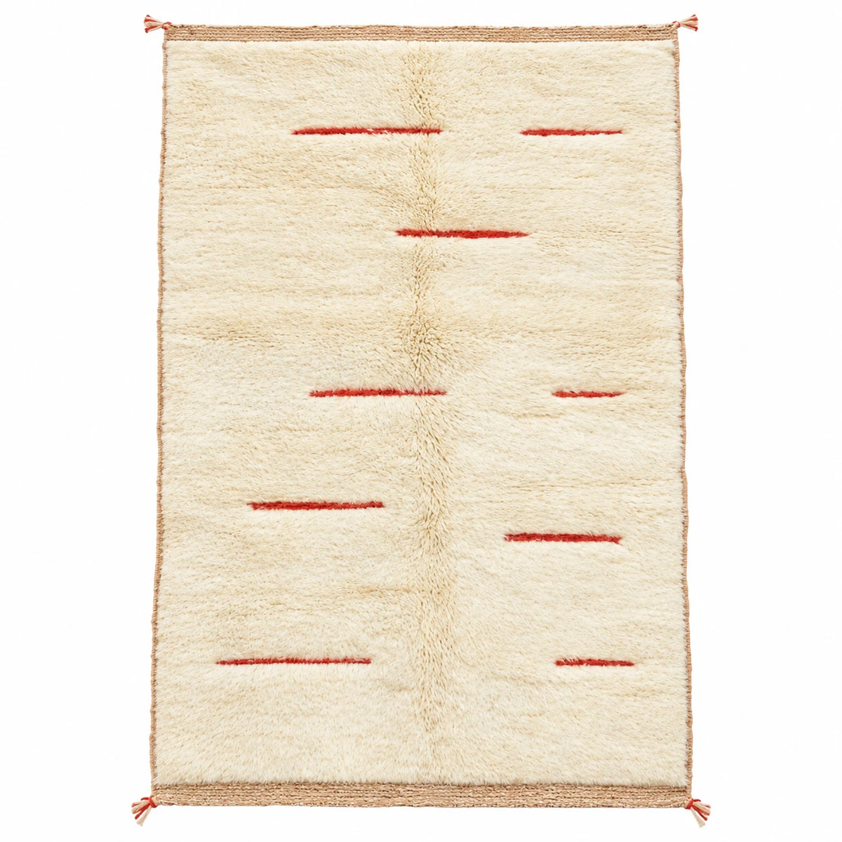 Front view of Beni Ourain wool rug, cream ground with short red horizontal lines