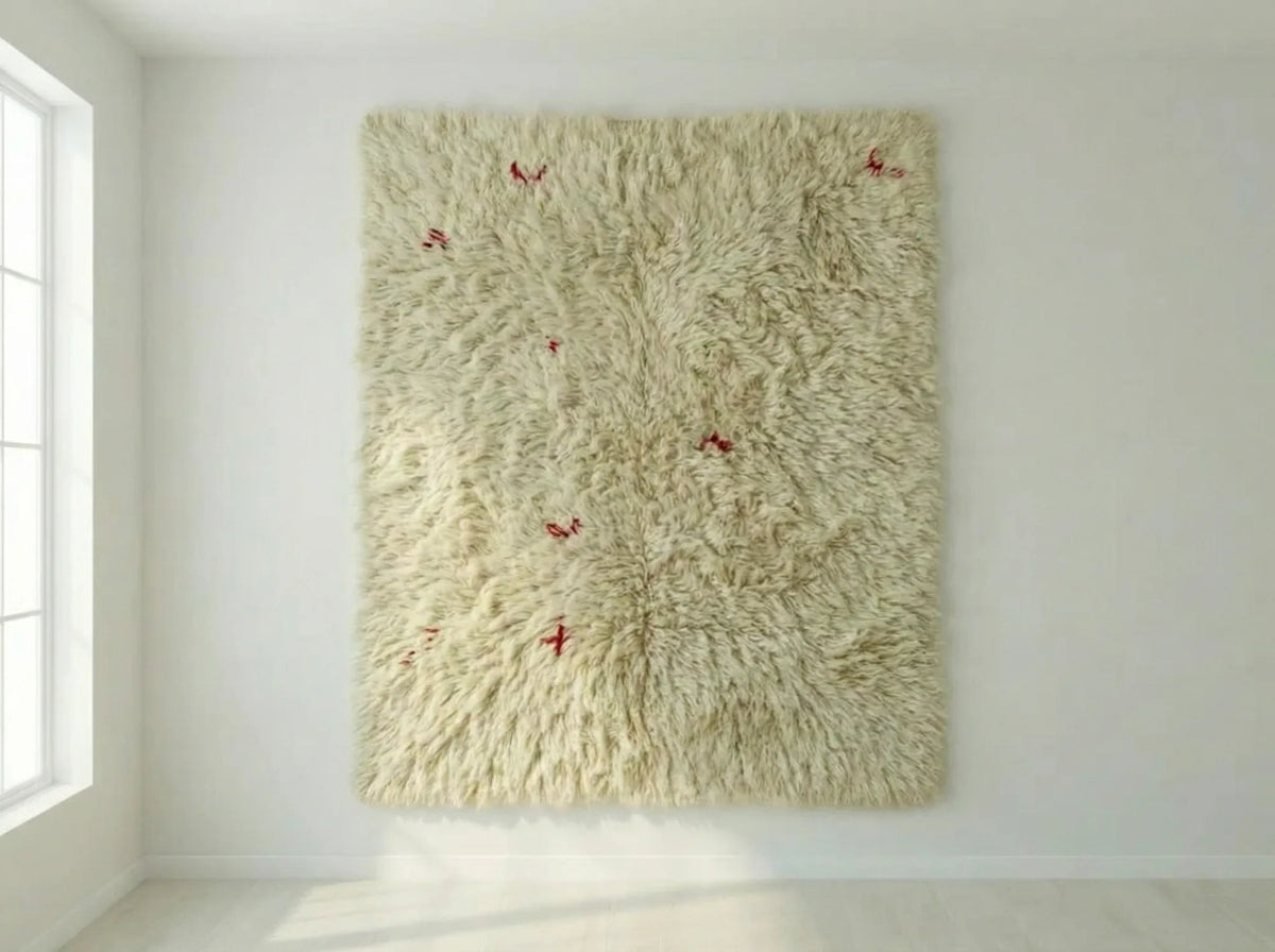 Beni Ourain wool rug, cream ground with small red crosses and angular marks, product view 3