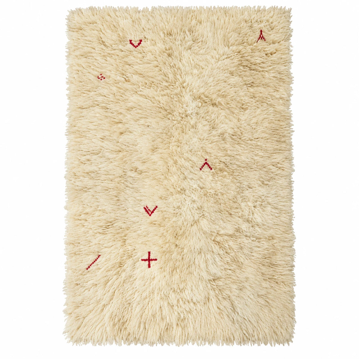Front view of Beni Ourain wool rug, cream ground with small red crosses and angular marks