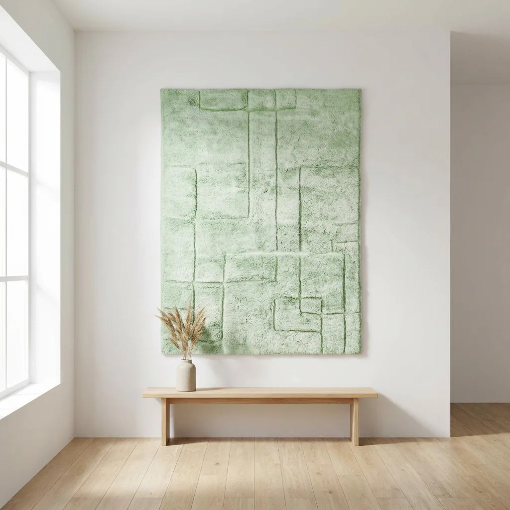 Beni Ourain wool rug, sage green ground with geometric relief lines, product view 2