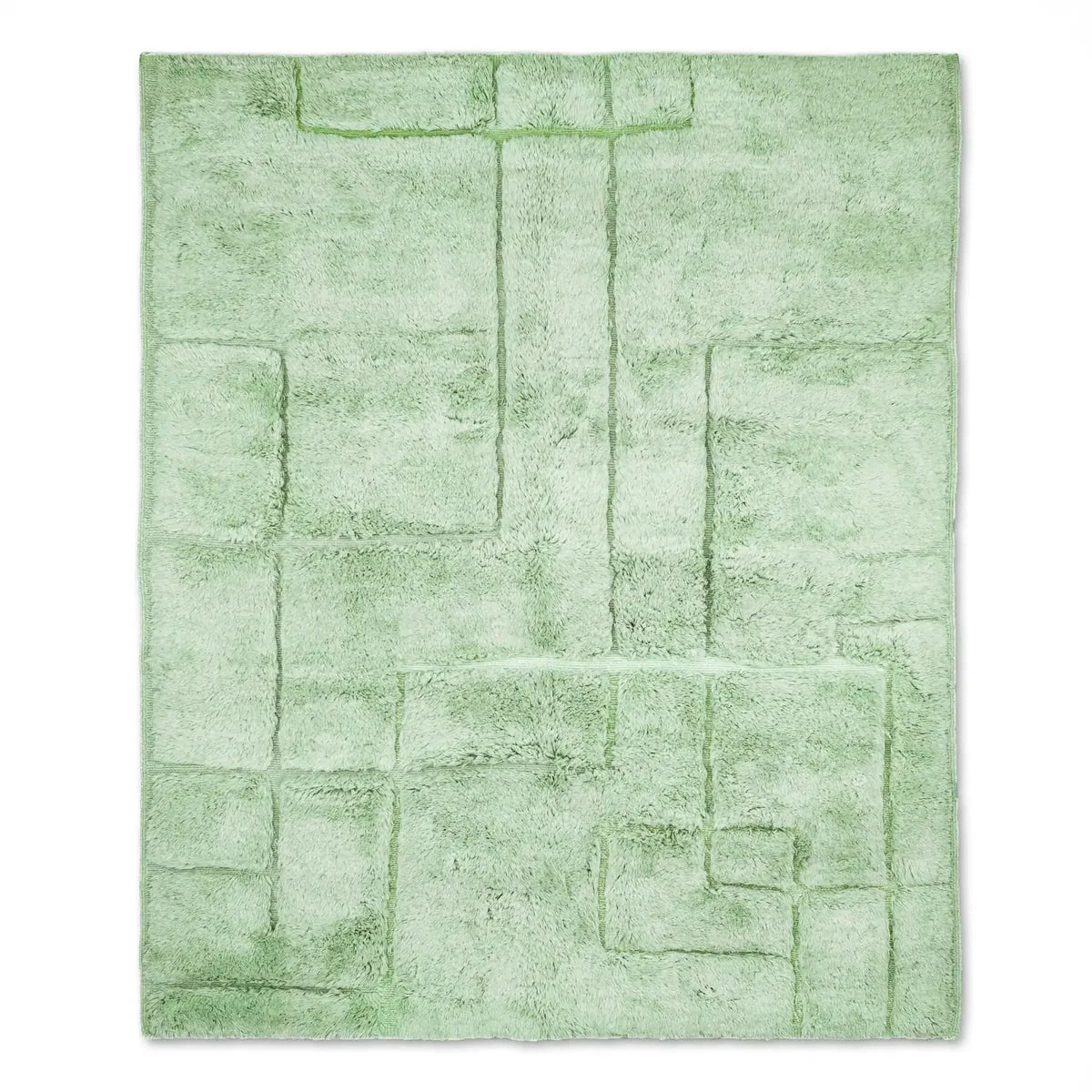 Front view of Beni Ourain wool rug, sage green ground with geometric relief lines