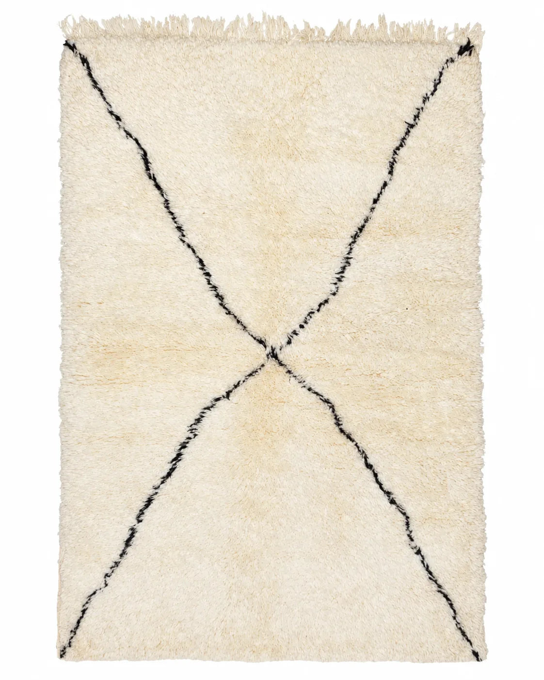 Front view of Beni Ourain wool rug, cream ground with two curved black diagonal lines