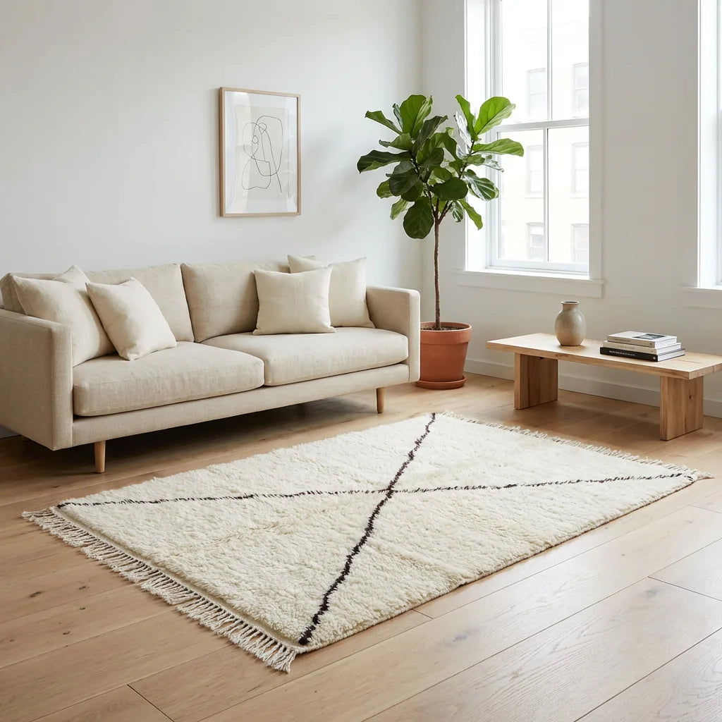Beni Ourain wool rug, cream ground with two curved black diagonal lines, product view 3