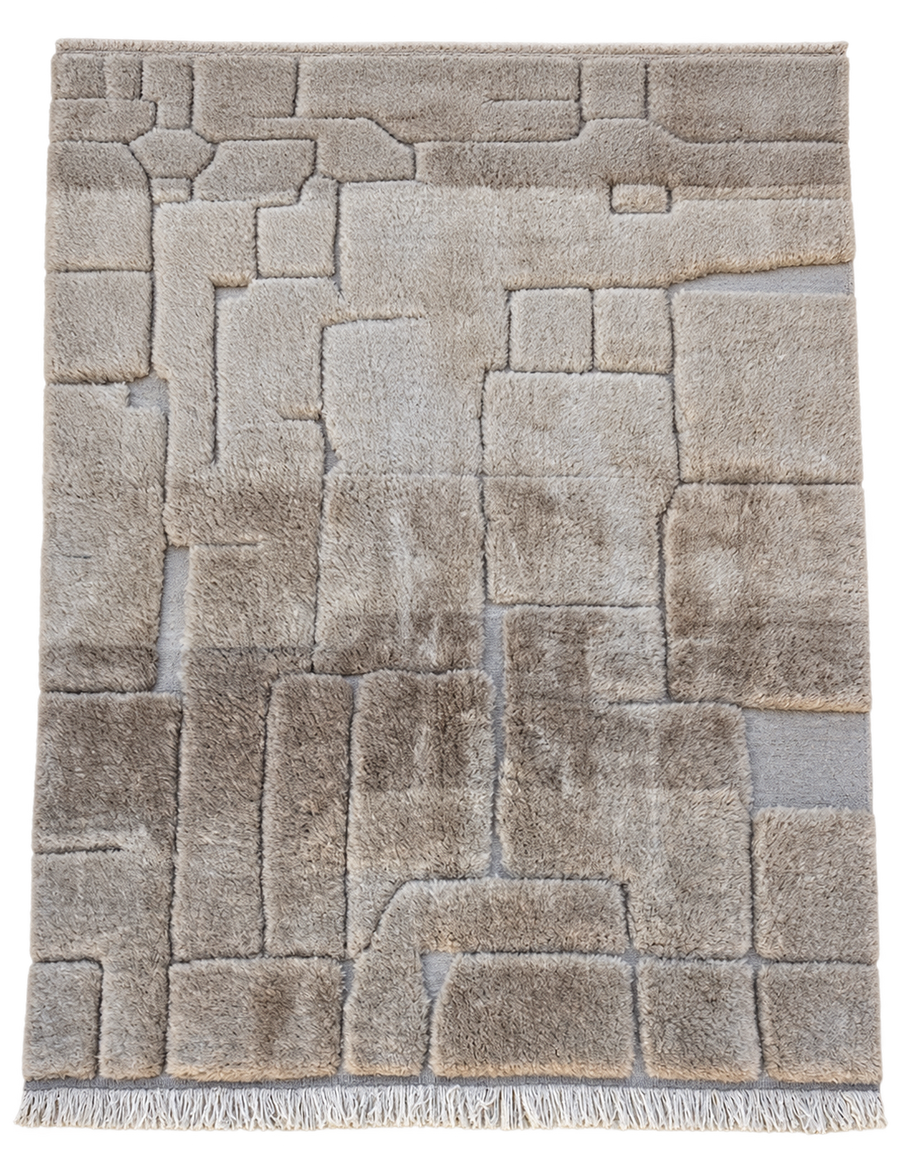 Taupe Beni Ourain Wool Rug with Block Relief, 370 × 283 cm.