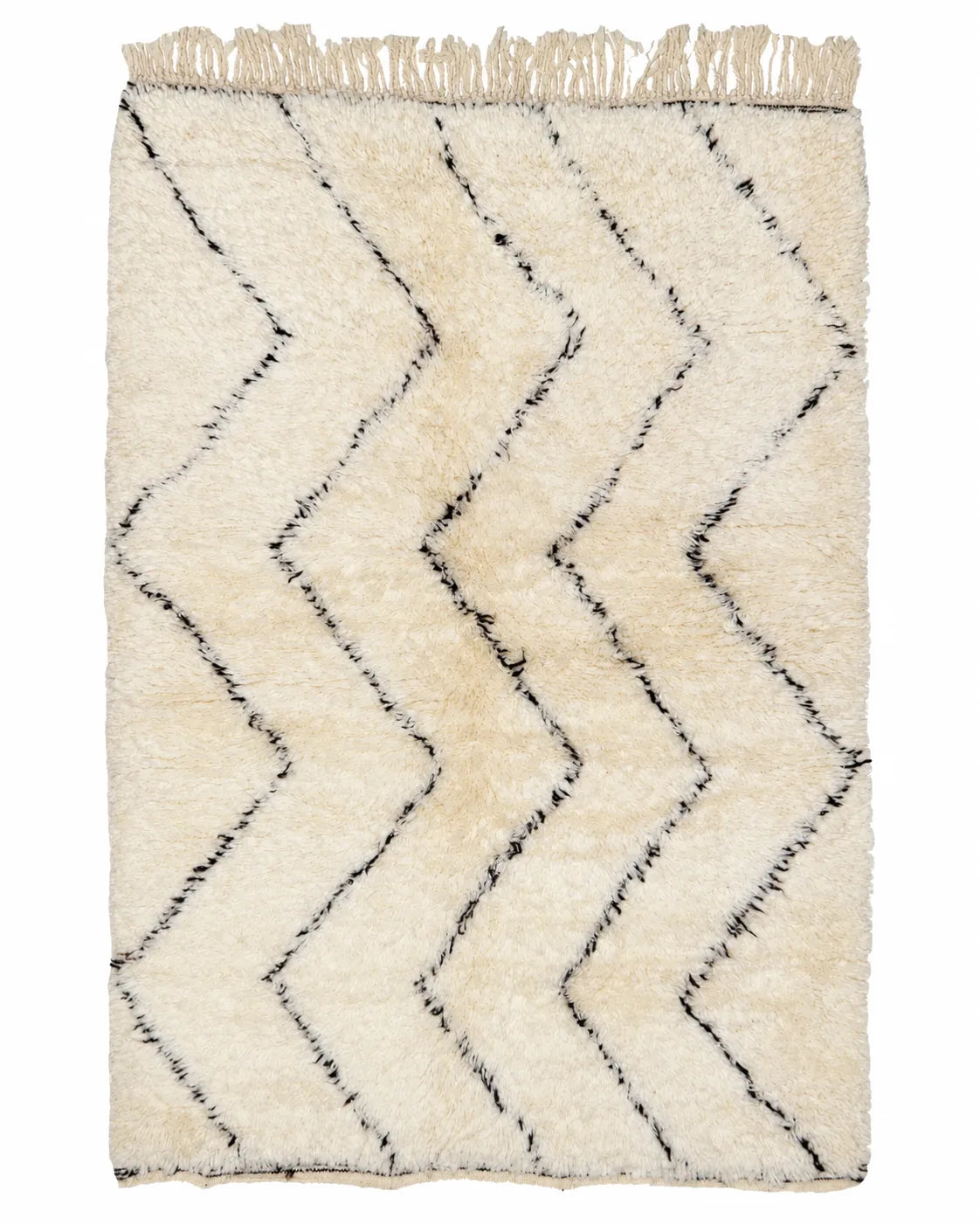 Front view of Beni Ourain wool rug, cream ground with dark rows of zigzags