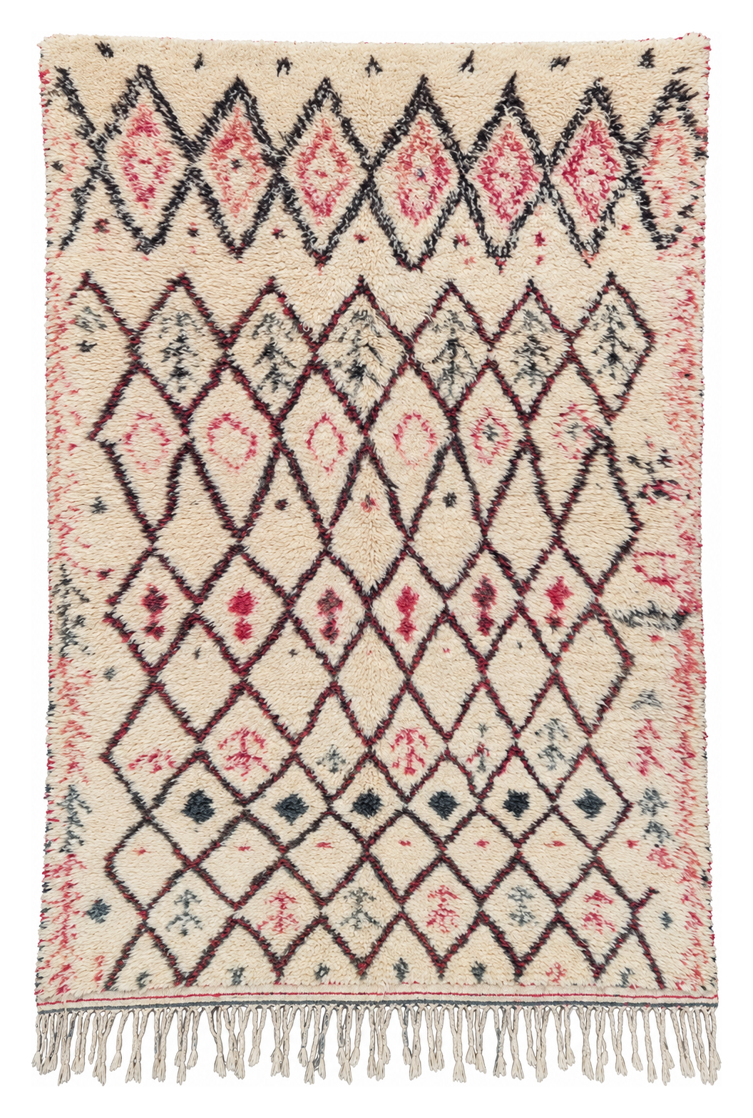 Cream Vintage Beni Ourain Rug with Black and Rose Diamonds, 240 × 150 cm.