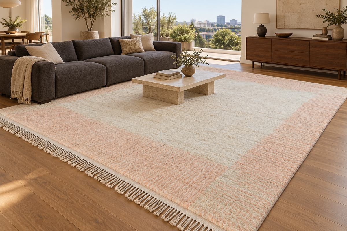 Berberteppich Creme-Pfirsich 428 × 397 cm – Wohnraumvisualisierung mit grauem Sofa