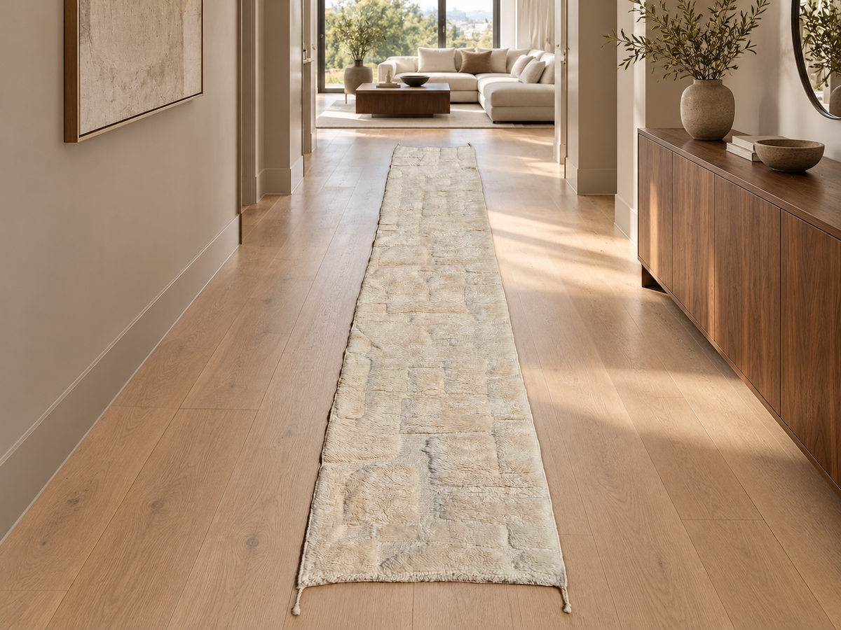 Berber Läufer Creme mit Blockrelief – 460 × 77 cm – Einrichtungsvisualisierung im modernen Flur