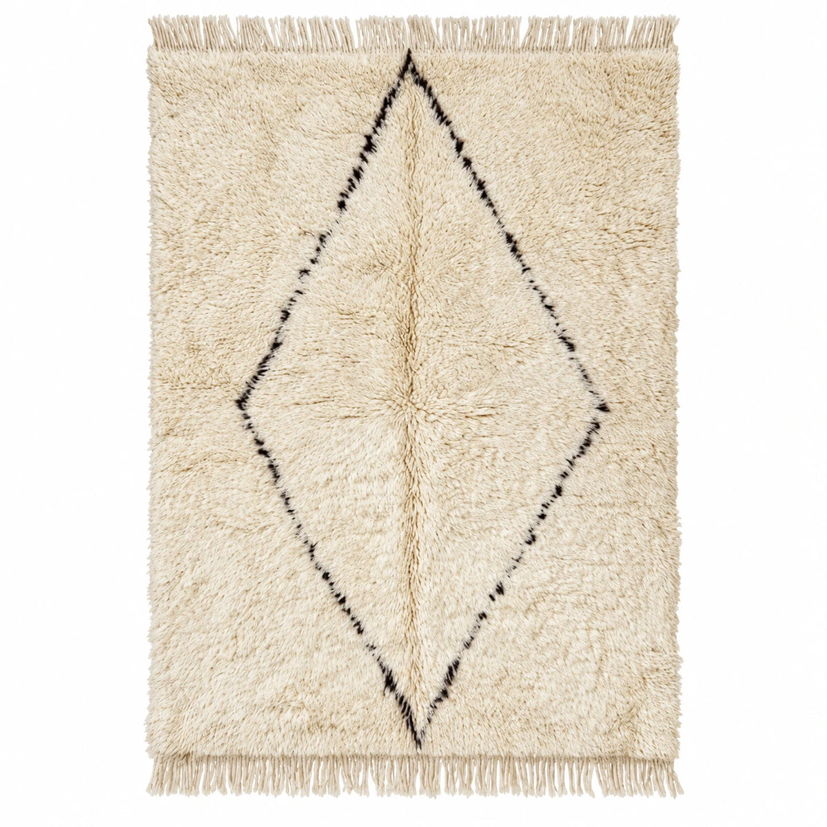 Front view of Moroccan wool rug, cream ground with a large dark center diamond