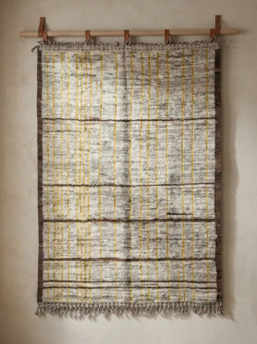 Moroccan wool rug, natural beige ground with dark horizontal bands, product view 2