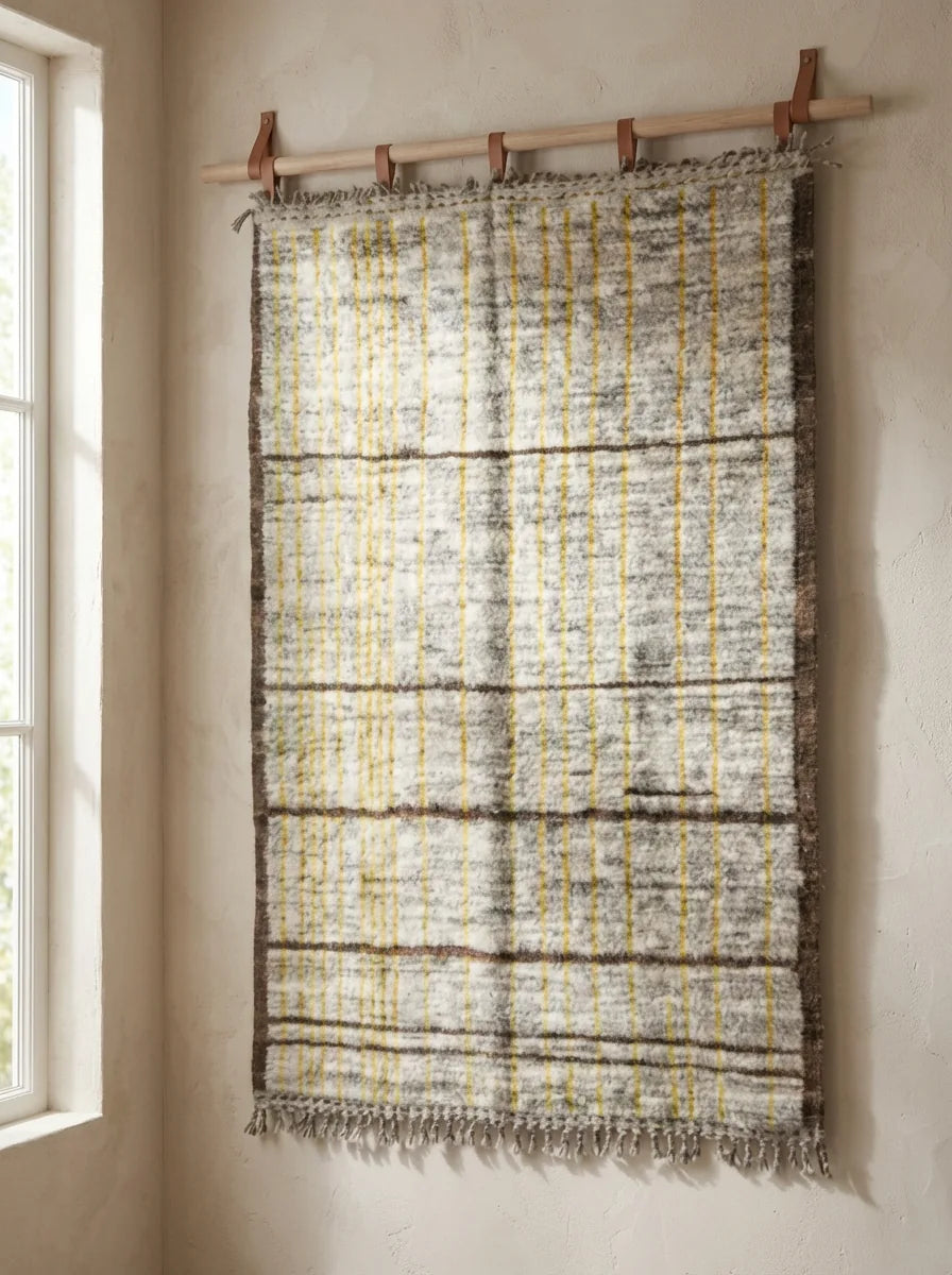 Moroccan wool rug, natural beige ground with dark horizontal bands, product view 4