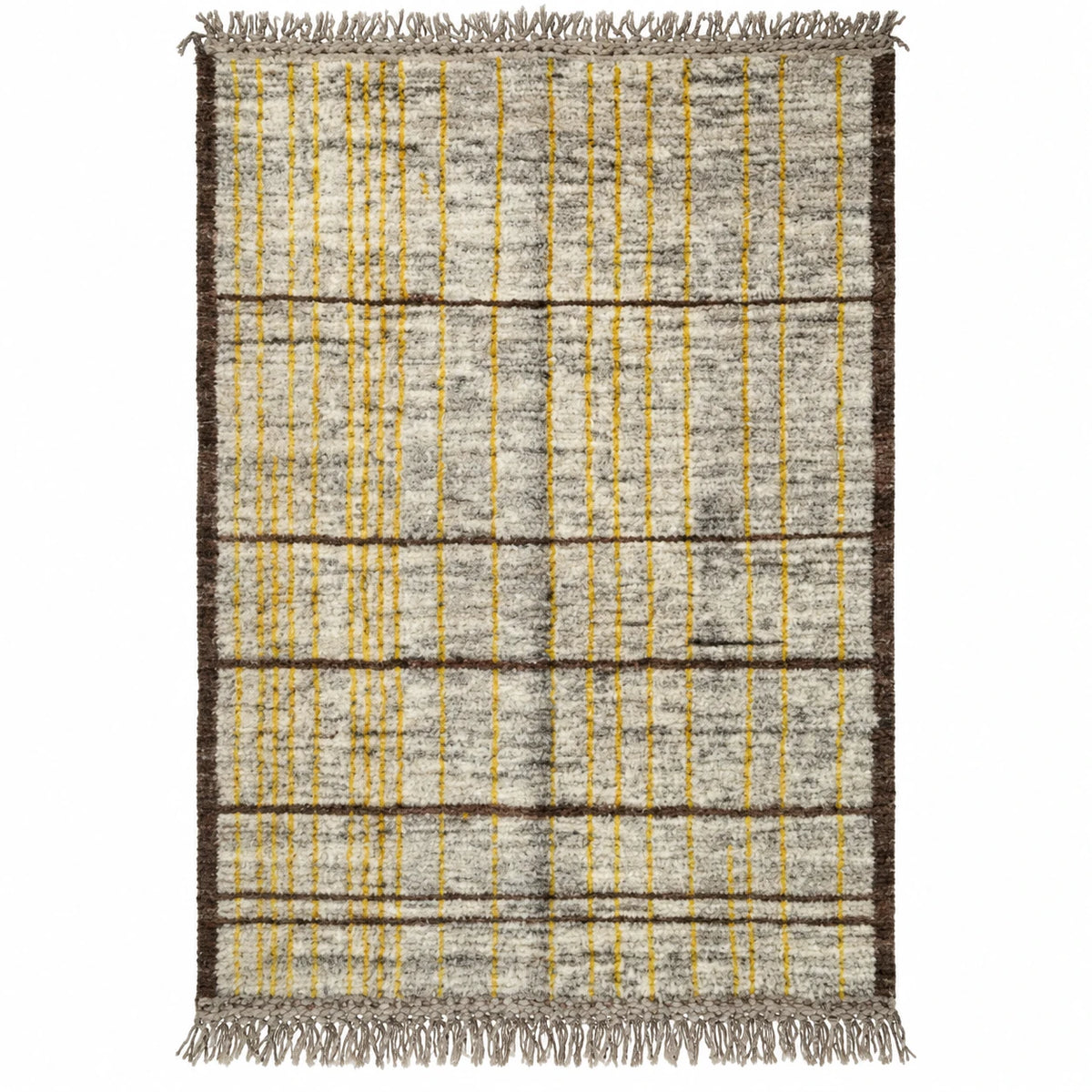 Front view of Moroccan wool rug, natural beige ground with dark horizontal bands