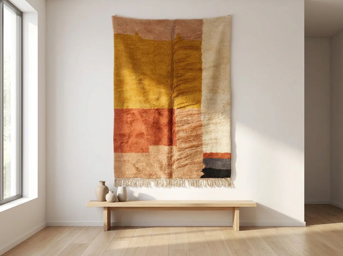 Moroccan wool rug, ochre and terracotta ground with cream and dark blocks, product view 2