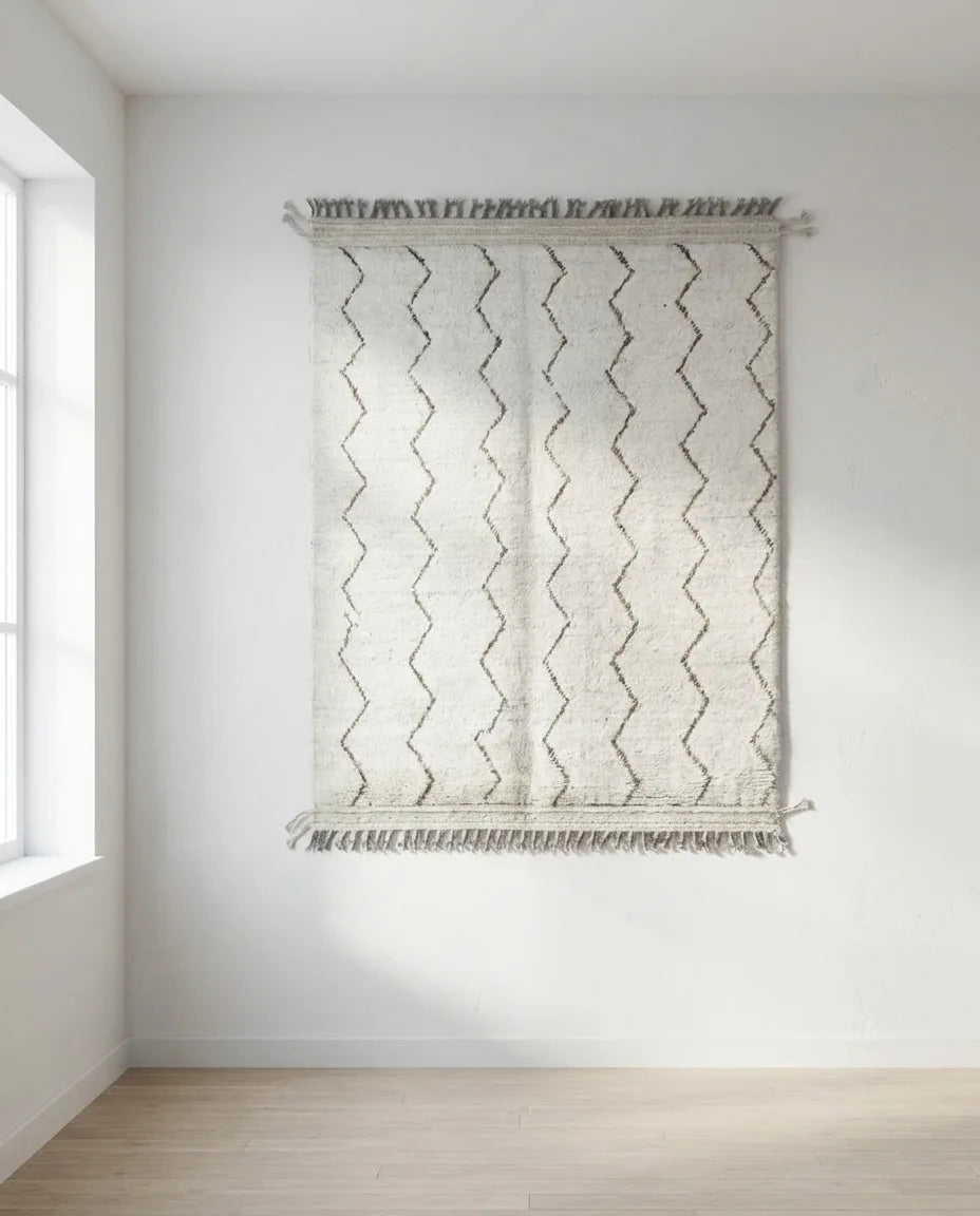 Moroccan wool rug, cream ground with narrow dark zigzag lines, product view 2
