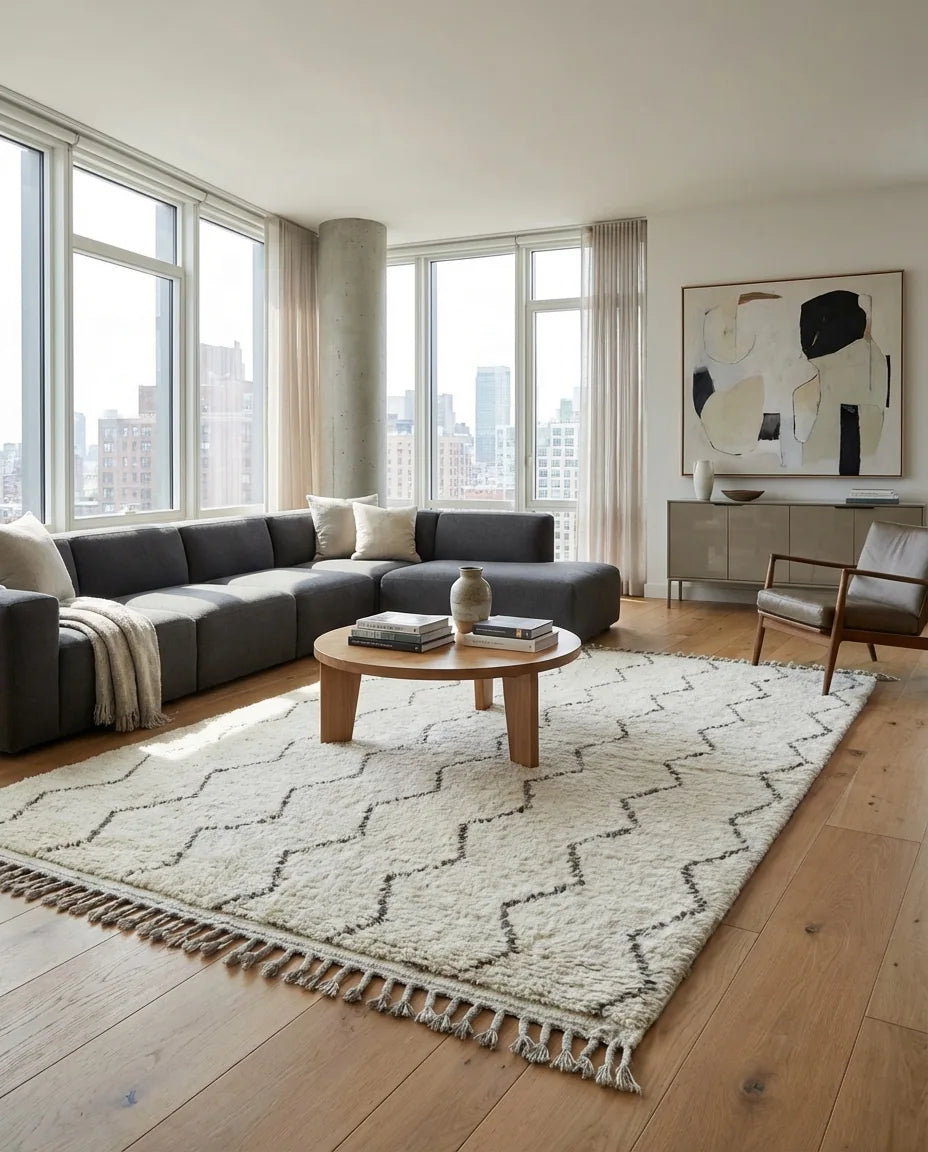 Moroccan wool rug, cream ground with narrow dark zigzag lines, product view 3