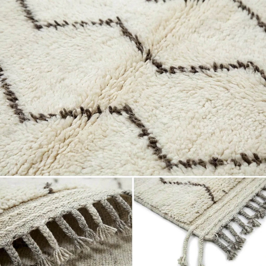Moroccan wool rug, cream ground with narrow dark zigzag lines, product view 4