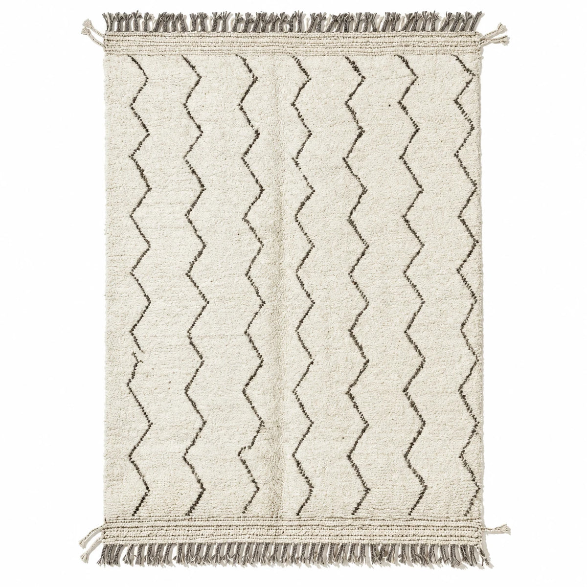 Front view of Moroccan wool rug, cream ground with narrow dark zigzag lines