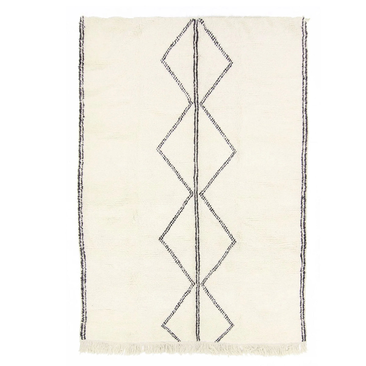 Front view of Moroccan wool rug, cream ground with three slender dark diamonds