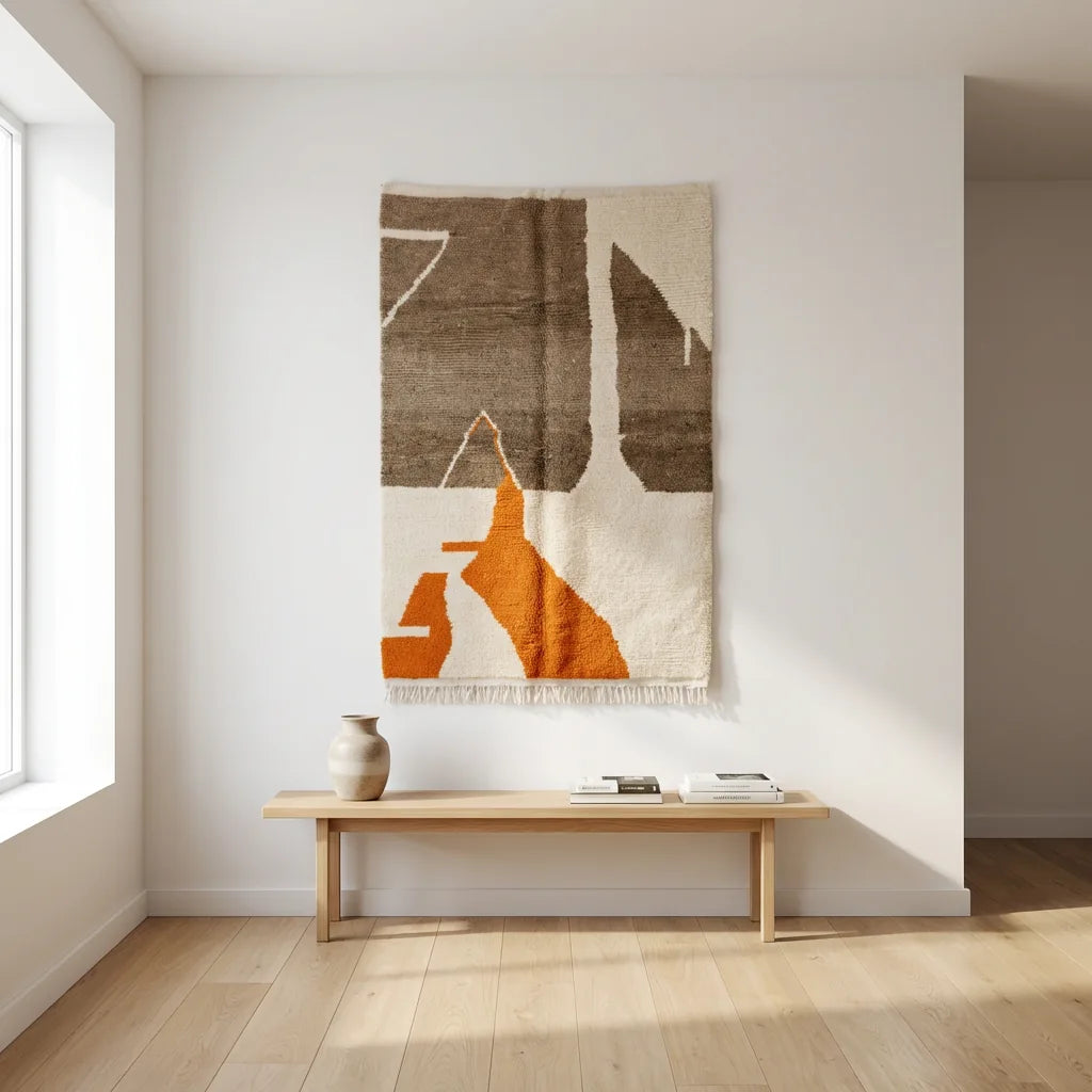 Moroccan wool rug, cream ground with brown and orange geometric shapes, product view 2
