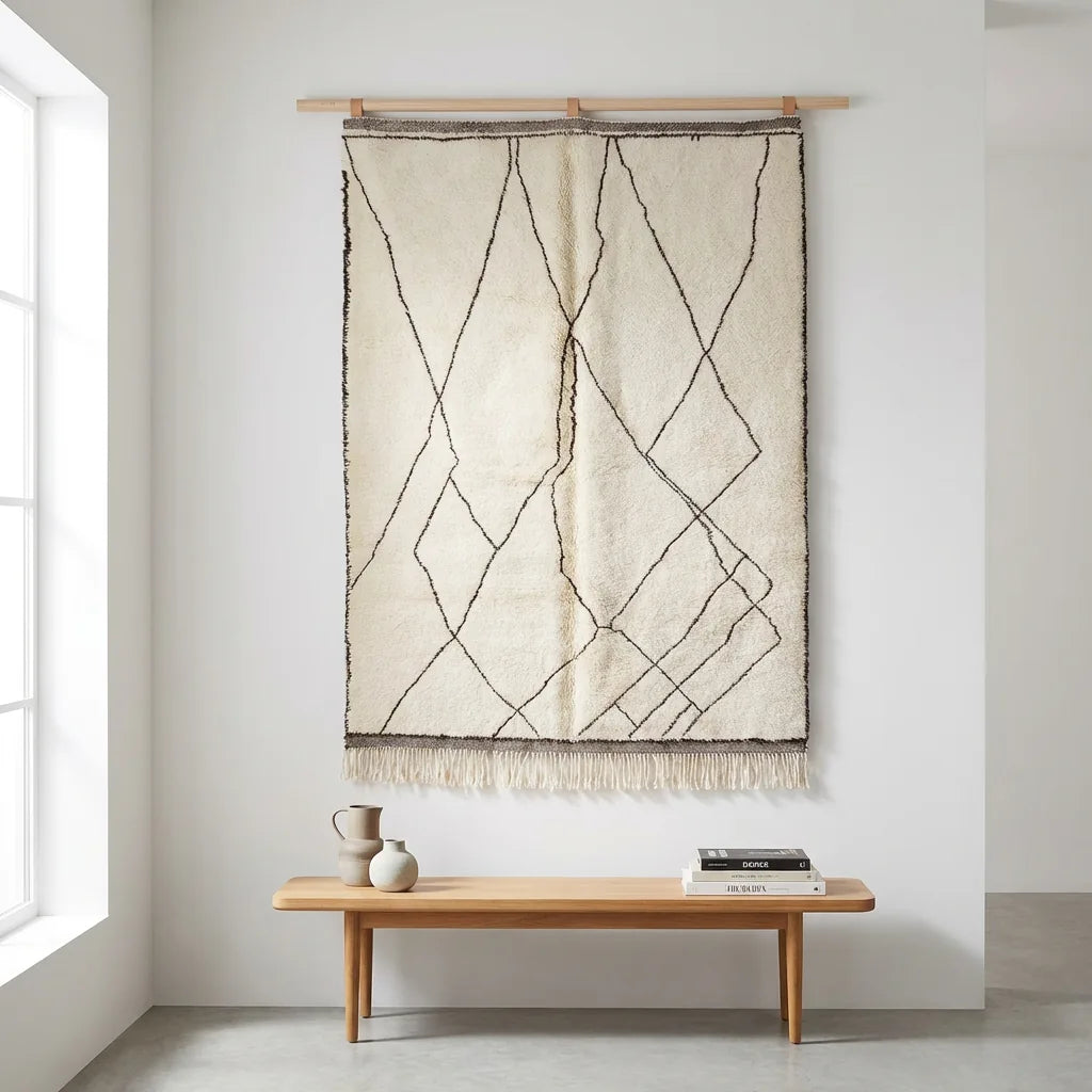 Moroccan wool rug, cream ground with irregularly connected black diamonds, product view 2