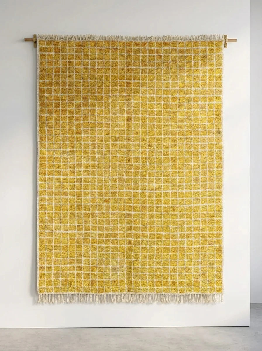 Moroccan wool rug, yellow ground with a fine light line grid, product view 2