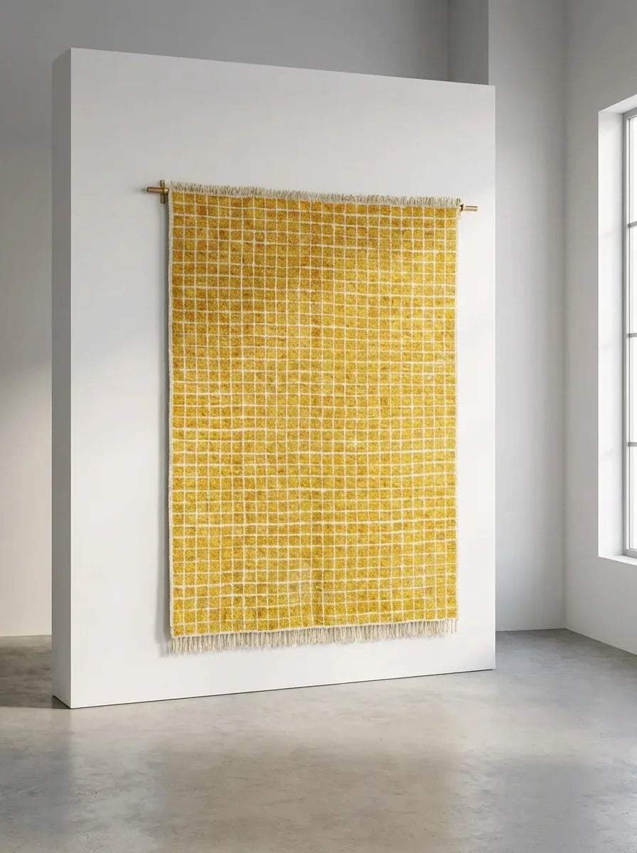 Moroccan wool rug, yellow ground with a fine light line grid, product view 3