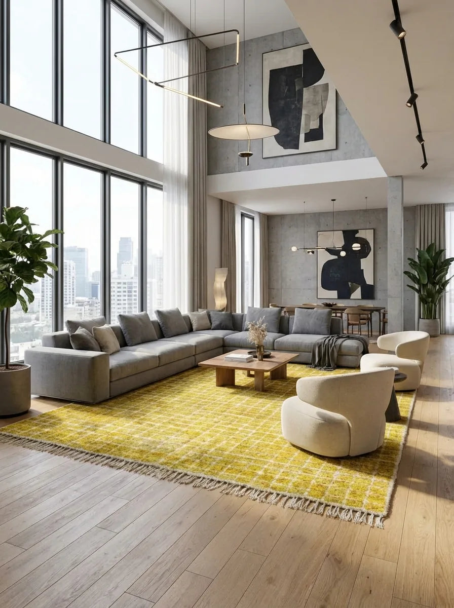 Moroccan wool rug, yellow ground with a fine light line grid, product view 4
