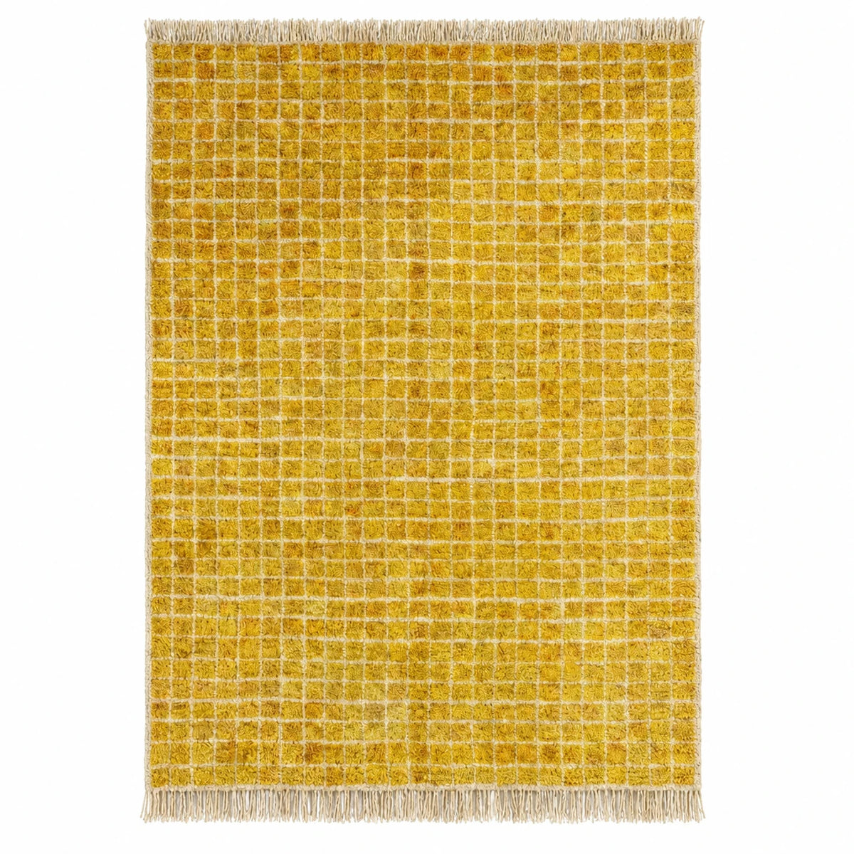 Front view of Moroccan wool rug, yellow ground with a fine light line grid