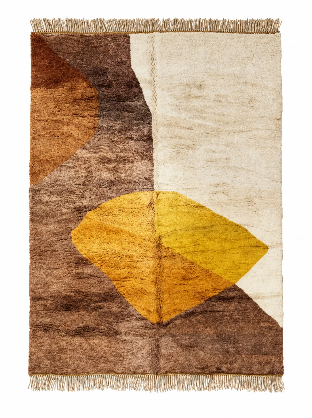 Front view of Moroccan wool rug, beige and brown ground with a yellow geometric shape