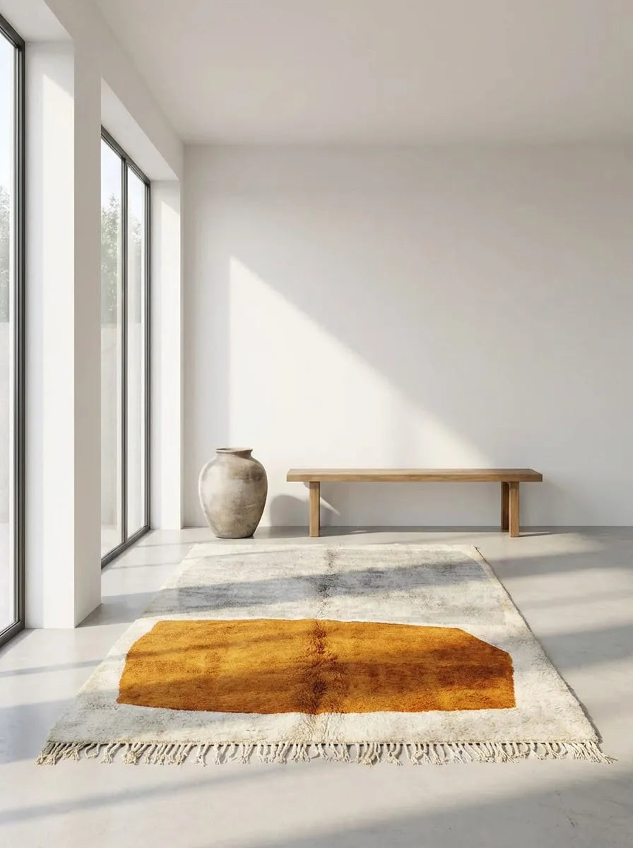 Moroccan wool rug, cream ground with gray and ochre color blocks, product view 3