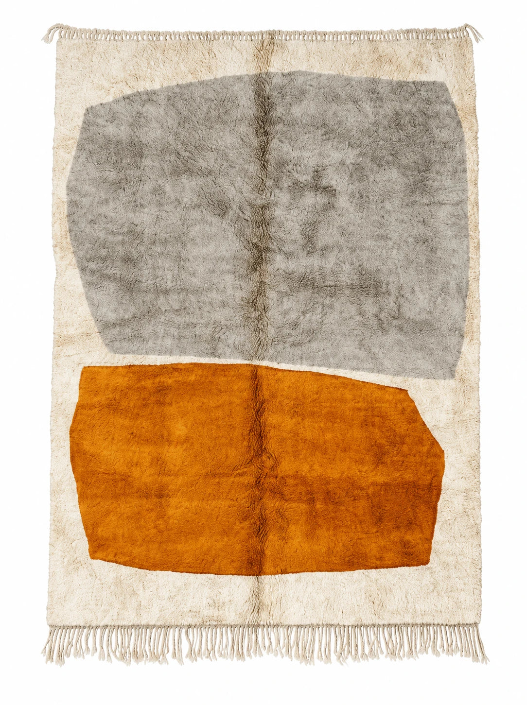Front view of Moroccan wool rug, cream ground with gray and ochre color blocks