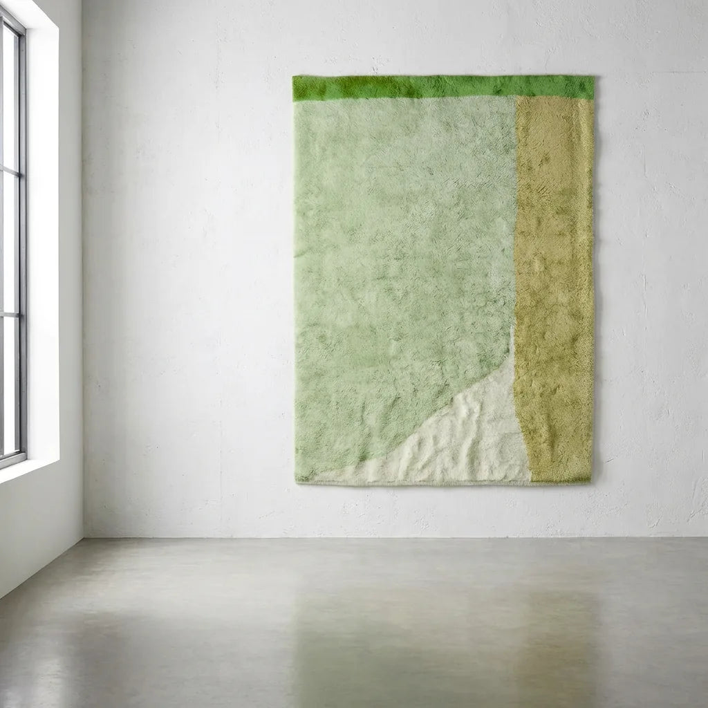 Moroccan wool rug, light green ground with an olive green side stripe, product view 2