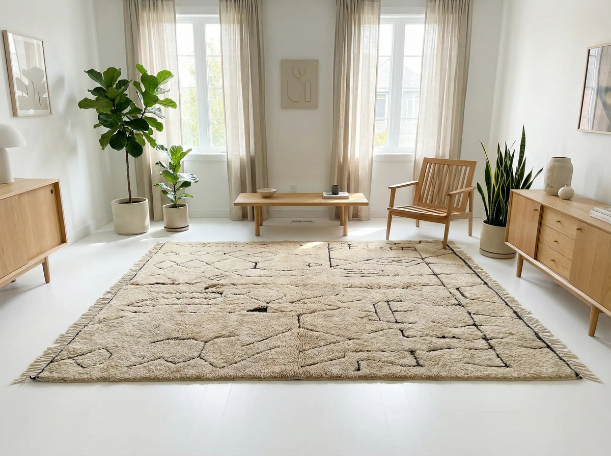 Moroccan wool rug, cream ground with fine black geometric lines, product view 3