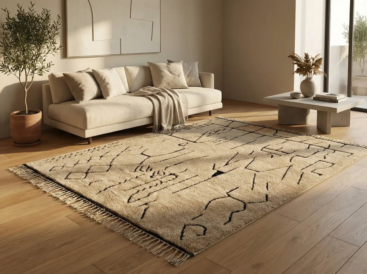 Moroccan wool rug, cream ground with fine black geometric lines, product view 4