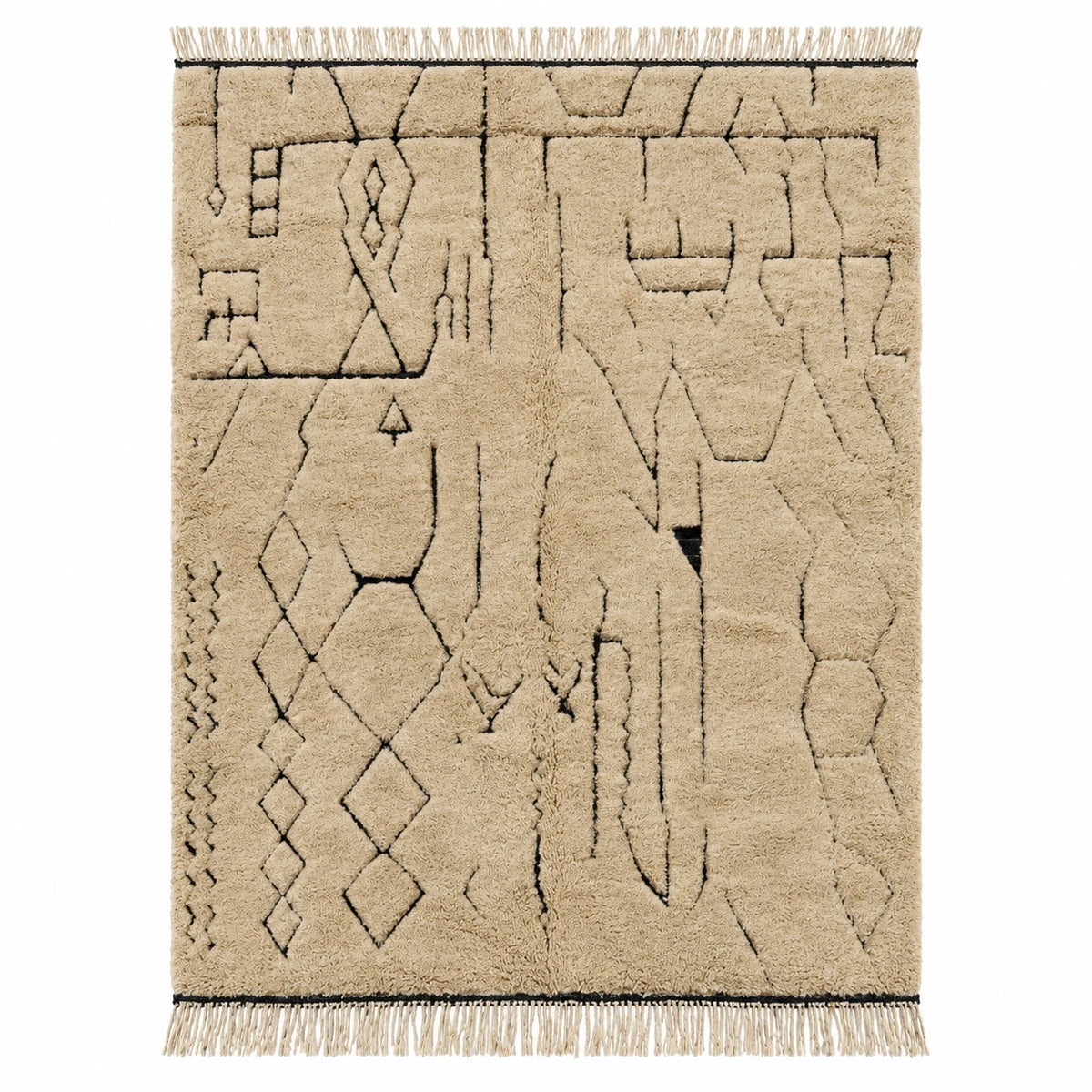 Front view of Moroccan wool rug, cream ground with fine black geometric lines