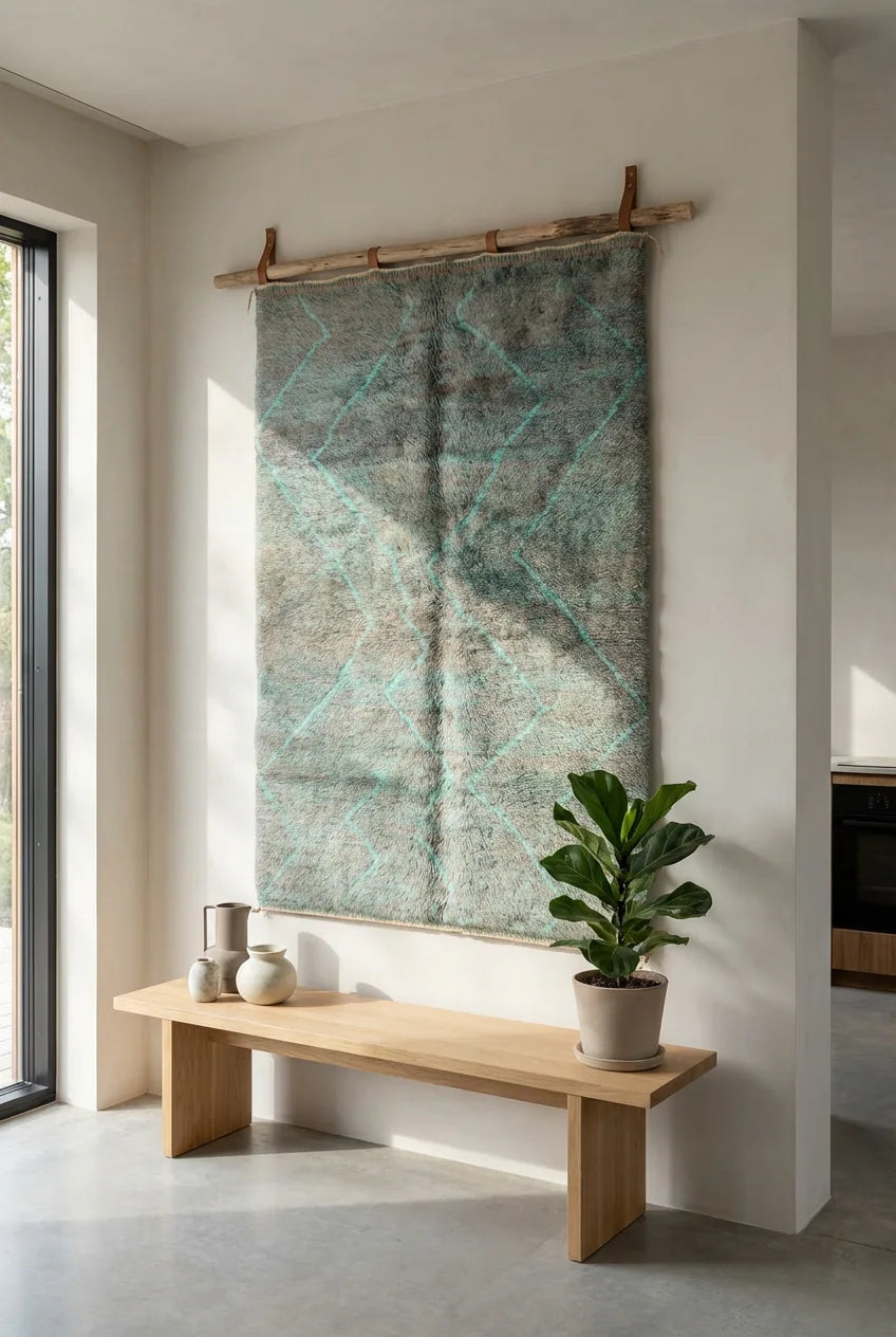 Moroccan wool rug, mint green ground with dark diagonal linework, product view 2