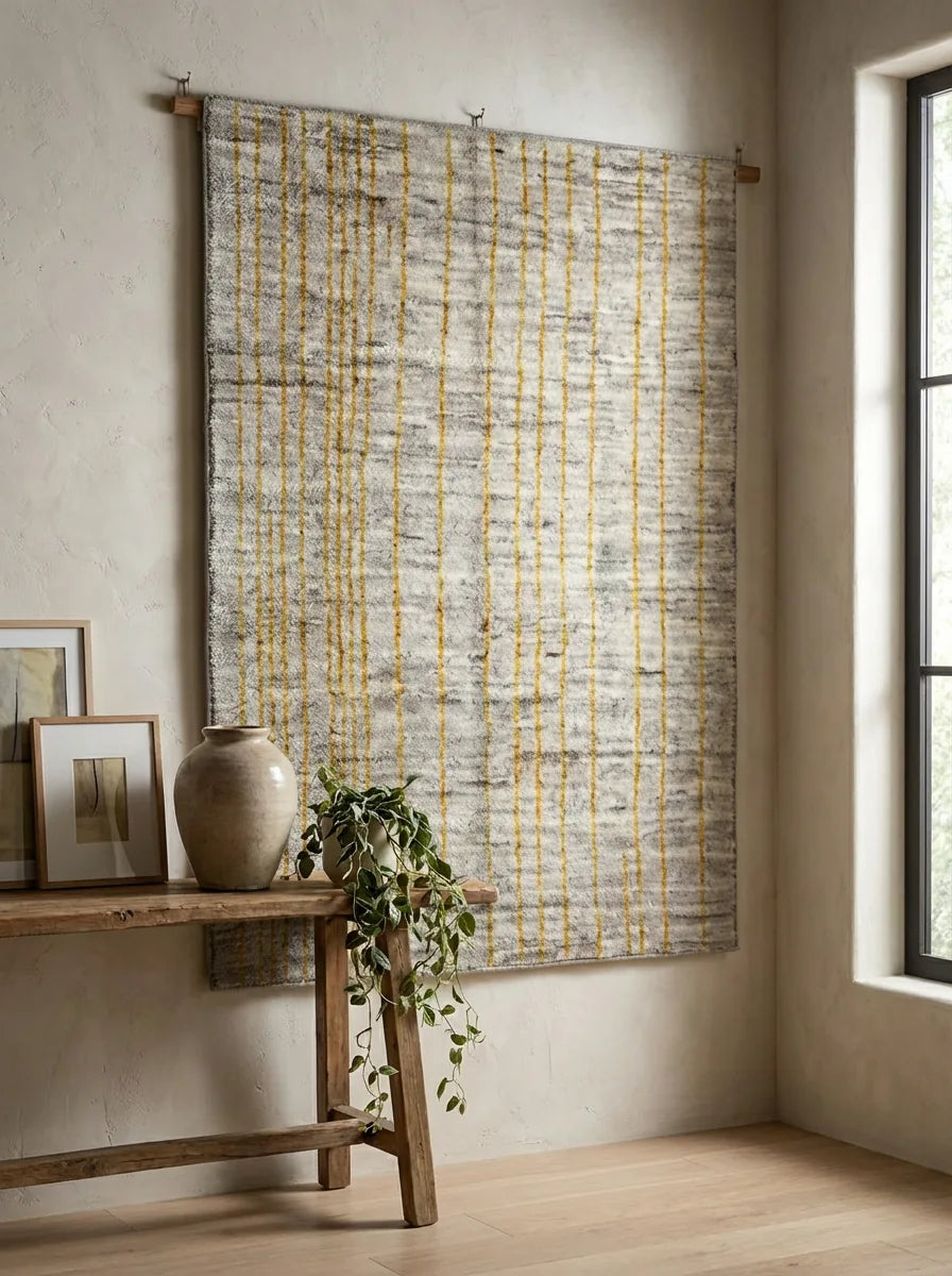 Moroccan wool rug, natural beige ground with a fine gray-brown grid, product view 4
