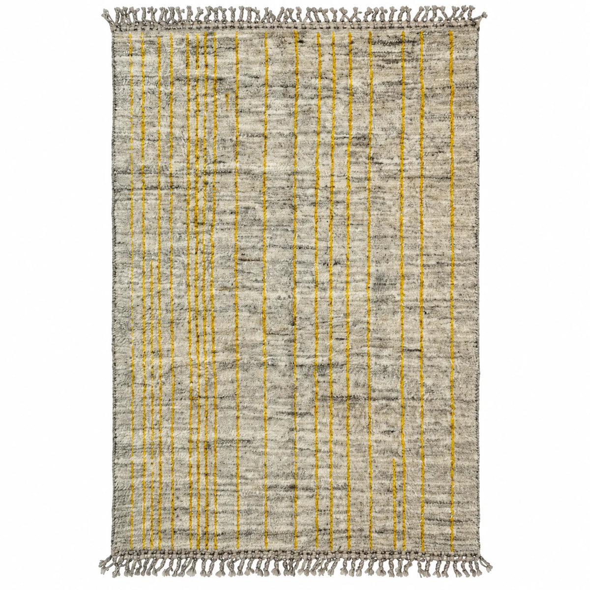 Front view of Moroccan wool rug, natural beige ground with a fine gray-brown grid