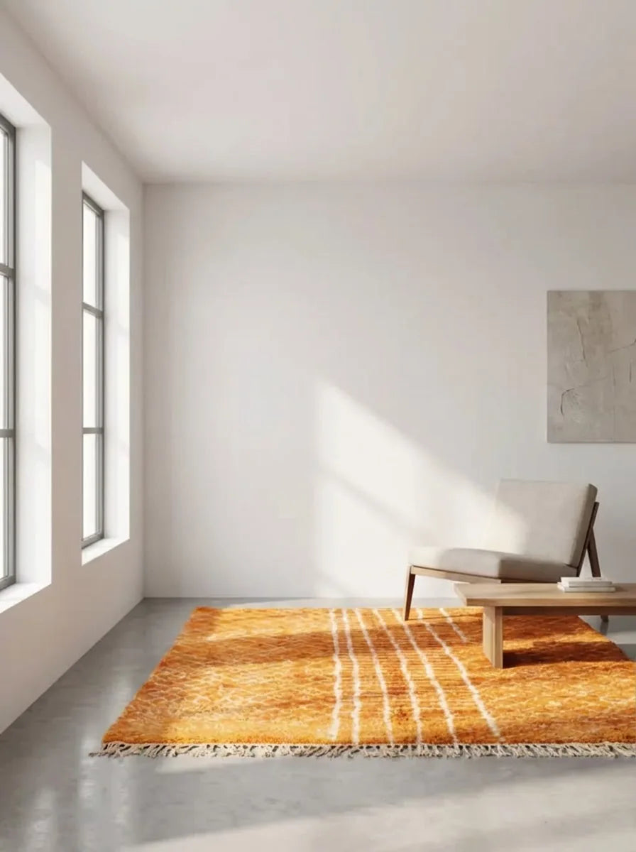 Moroccan wool rug, ochre ground with a dense cream line grid, product view 3