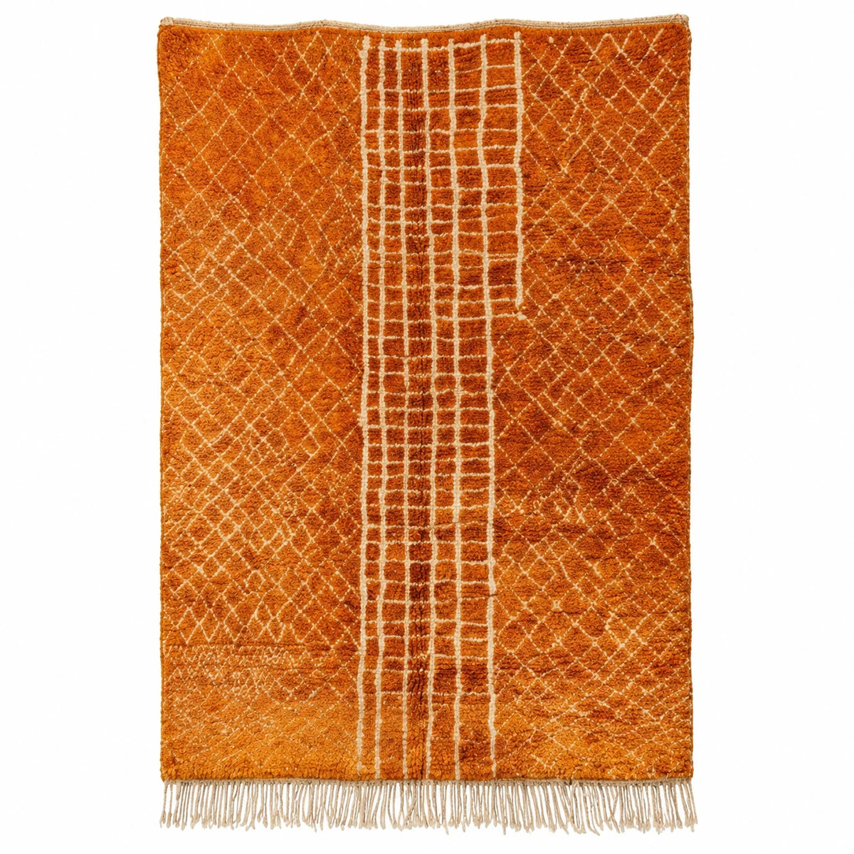 Front view of Moroccan wool rug, ochre ground with a dense cream line grid