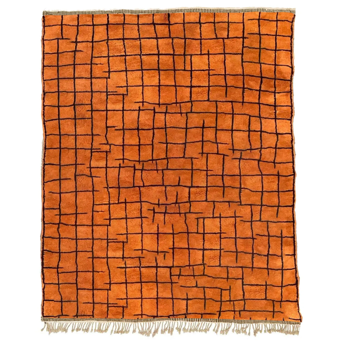 Front view of Moroccan wool rug, orange ground with a black rectangular grid