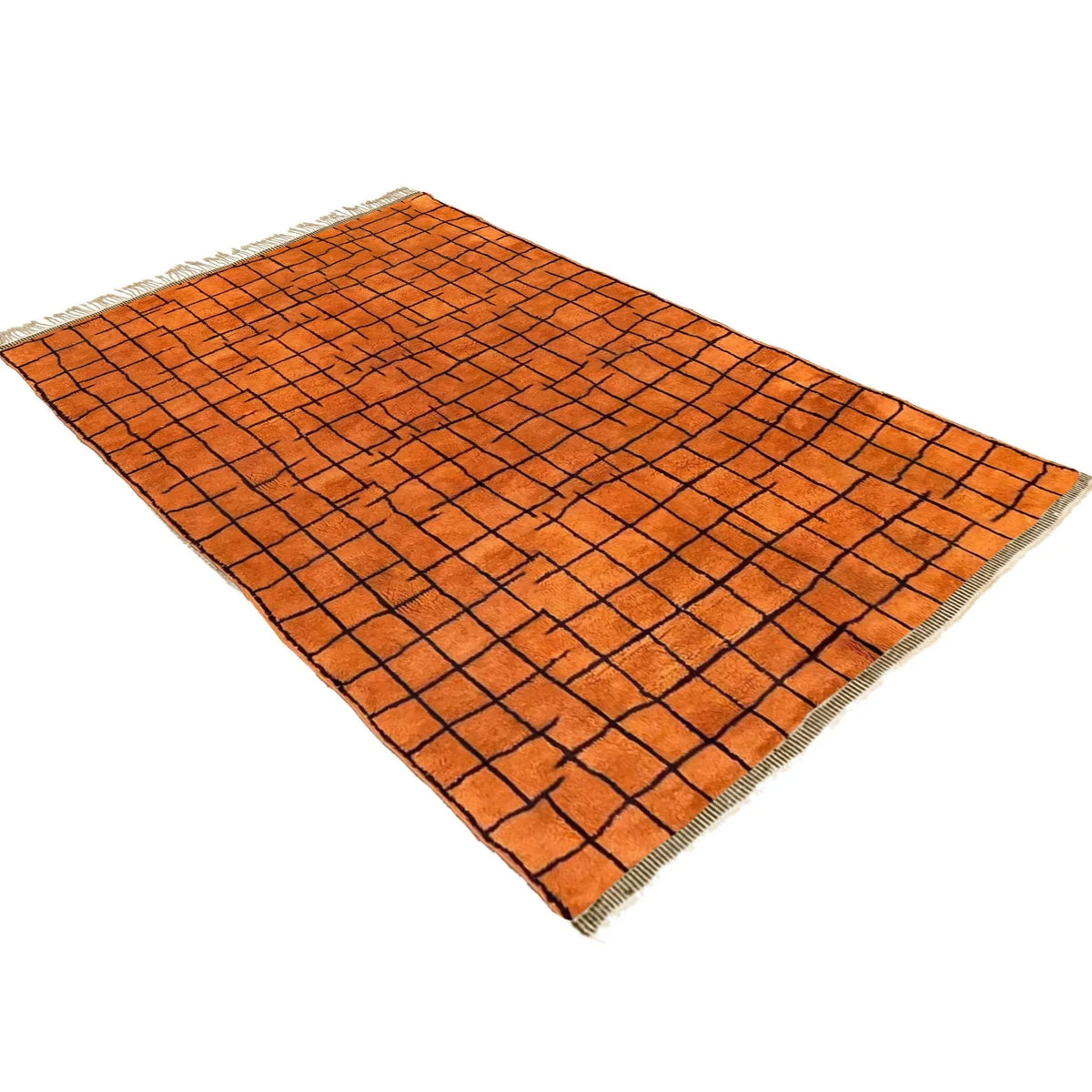 Moroccan wool rug, orange ground with a black rectangular grid, product view 3