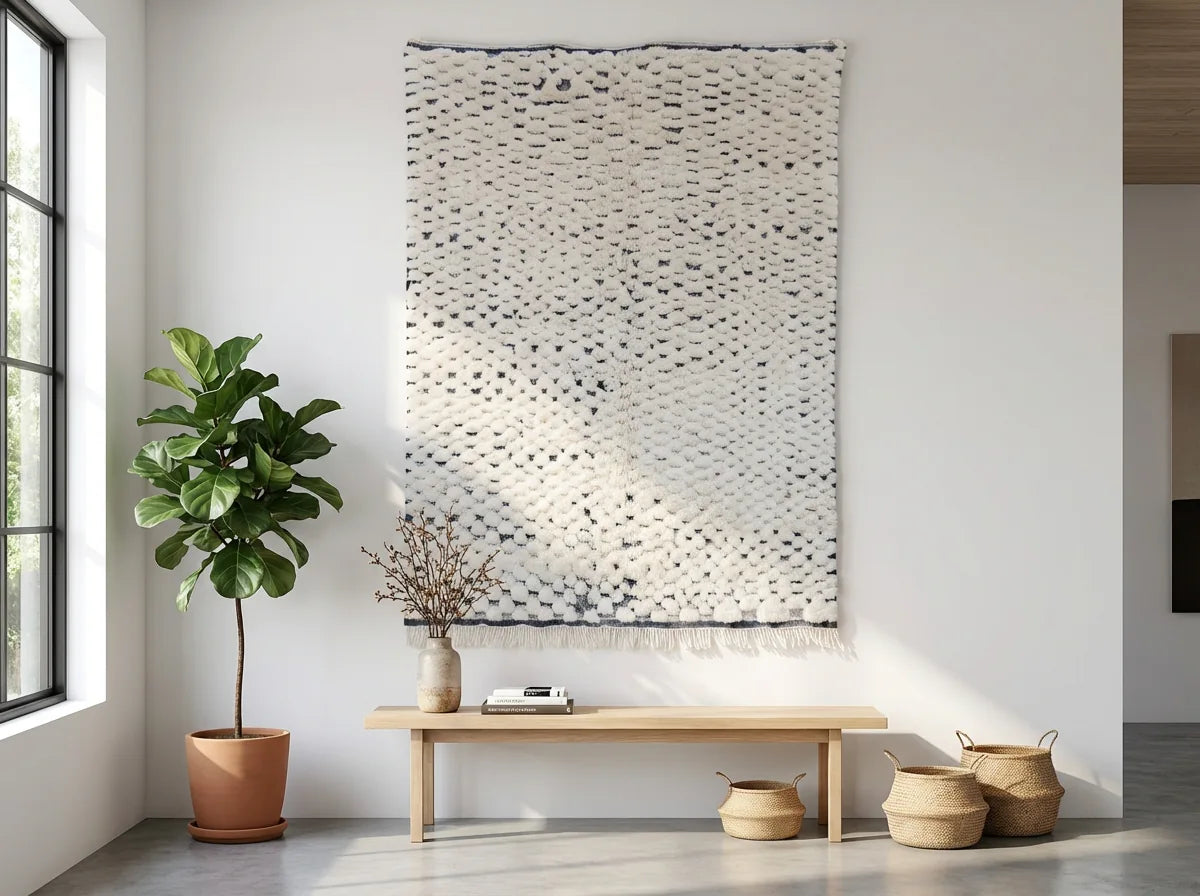 Moroccan wool rug, cream ground with many small black dots, product view 2