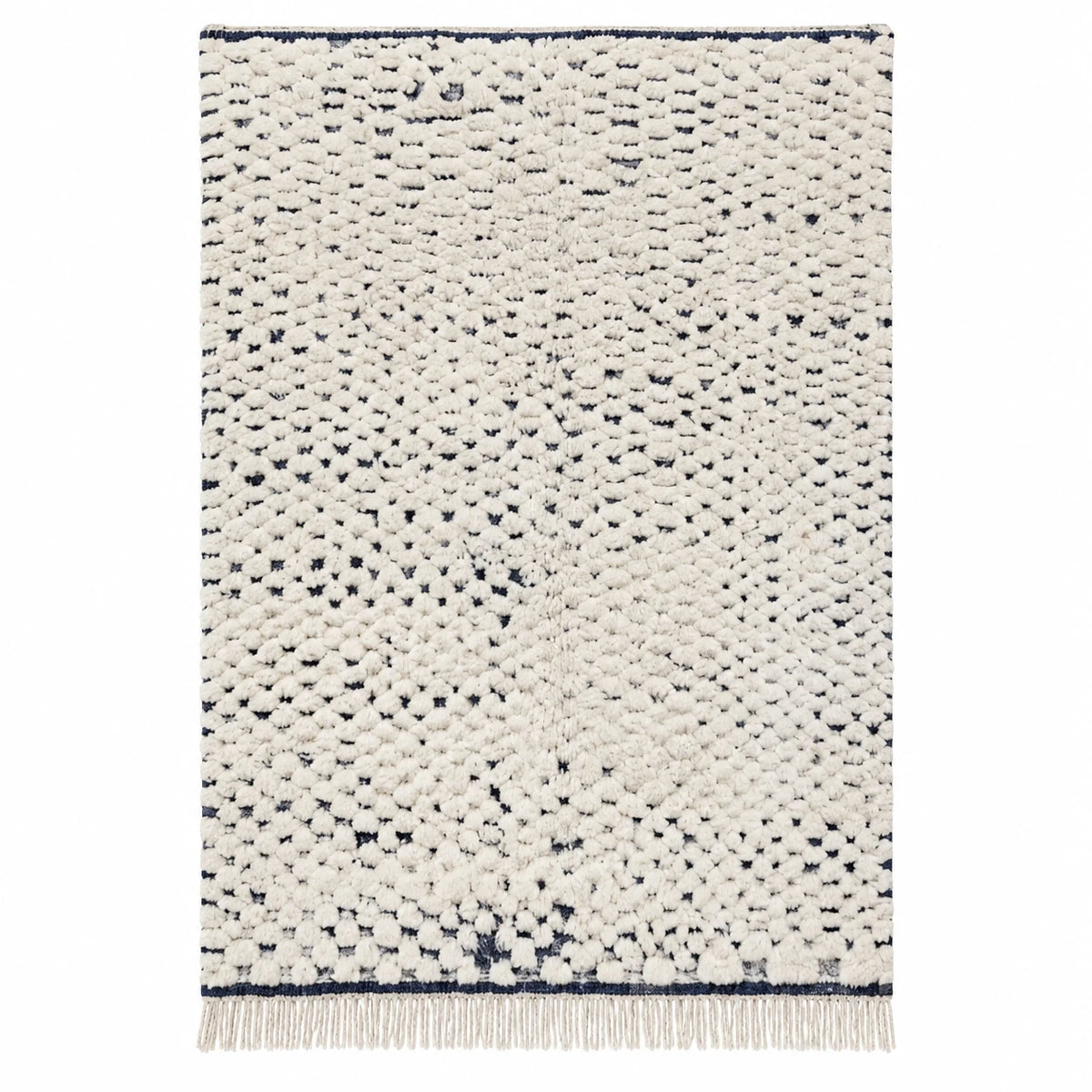 Front view of Moroccan wool rug, cream ground with many small black dots