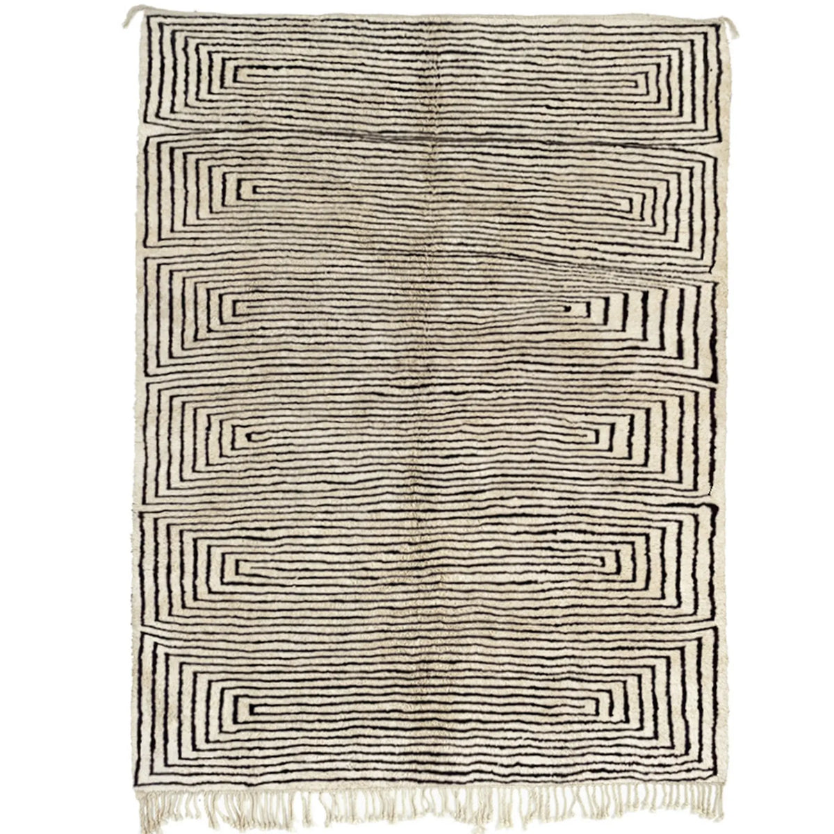 Front view of Moroccan wool rug, cream ground with densely repeated black framing lines