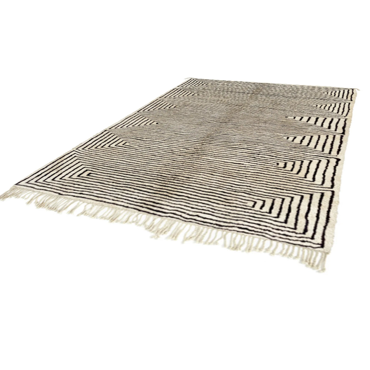 Moroccan wool rug, cream ground with densely repeated black framing lines, product view 2