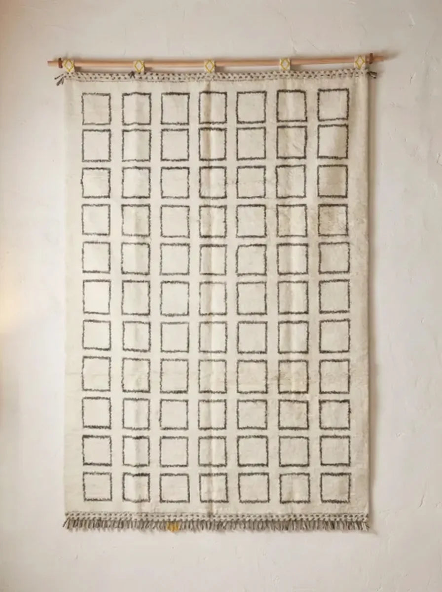 Moroccan wool rug, cream ground with dark outlined rectangles, product view 2