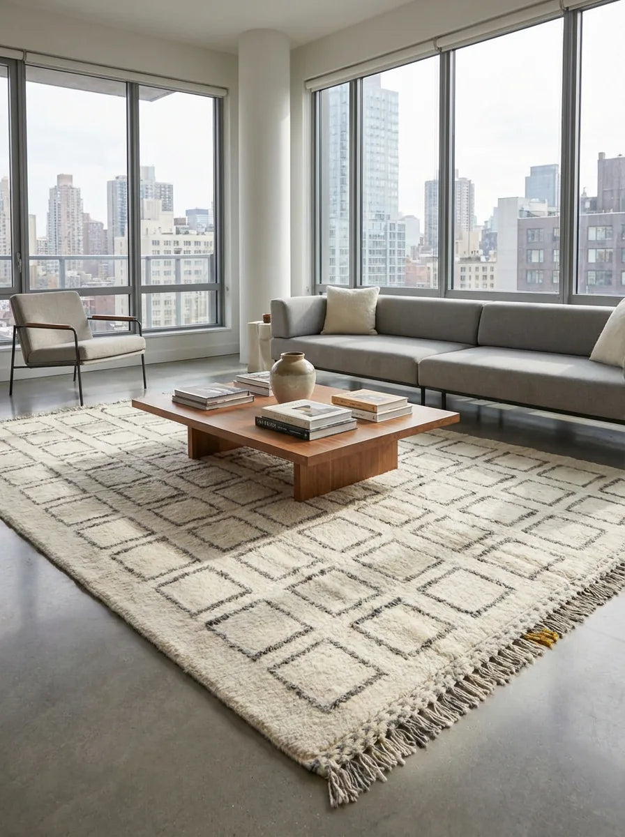 Moroccan wool rug, cream ground with dark outlined rectangles, product view 4