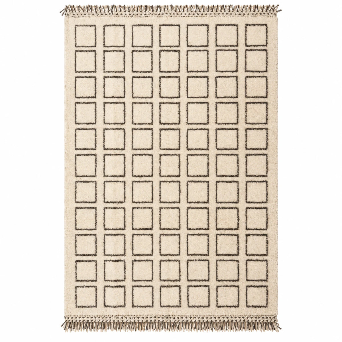Front view of Moroccan wool rug, cream ground with dark outlined rectangles